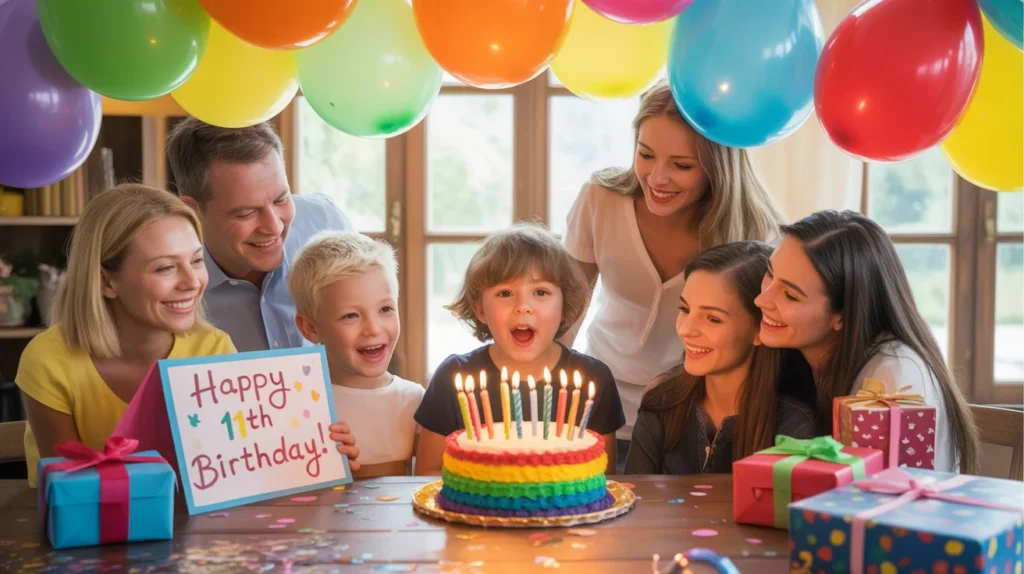 11th Birthday Wishes featured in a colorful birthday party scene with cake, balloons, and heartfelt messages