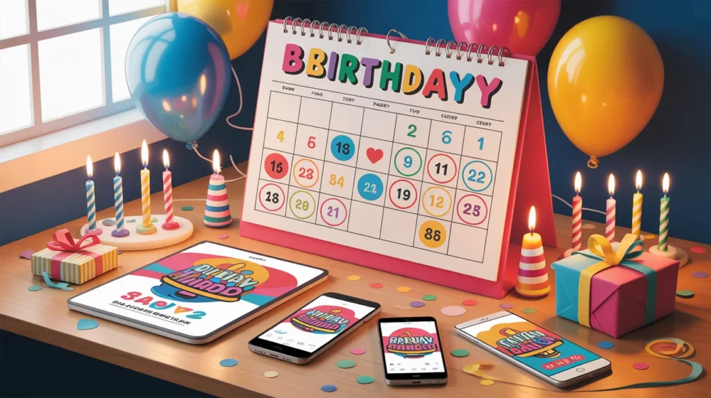 Birthday Countdown Quotes displayed on a colorful countdown calendar with party elements for brand wishes inspiration.