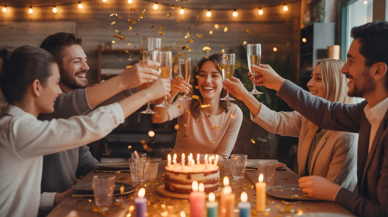 Birthday Toasts at a cheerful party with raised glasses, showing how meaningful wishes are shared.