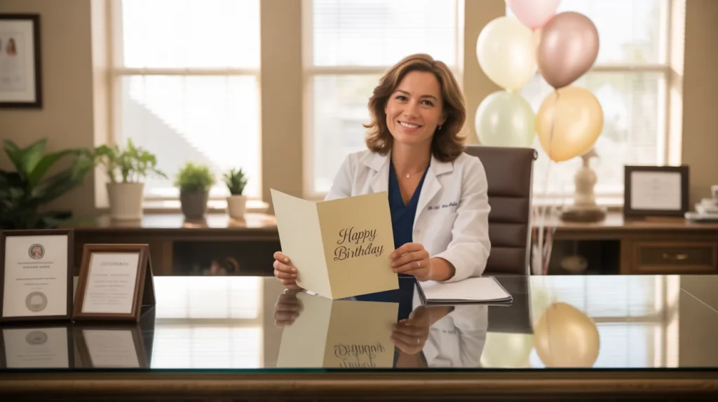 Doctor Birthday Wishes shown through a smiling doctor receiving a thoughtful birthday card in a clinic setting.