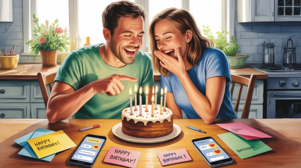 Childhood Friend Birthday Messages illustrated scene of lifelong friends celebrating a birthday with cards and shared memories