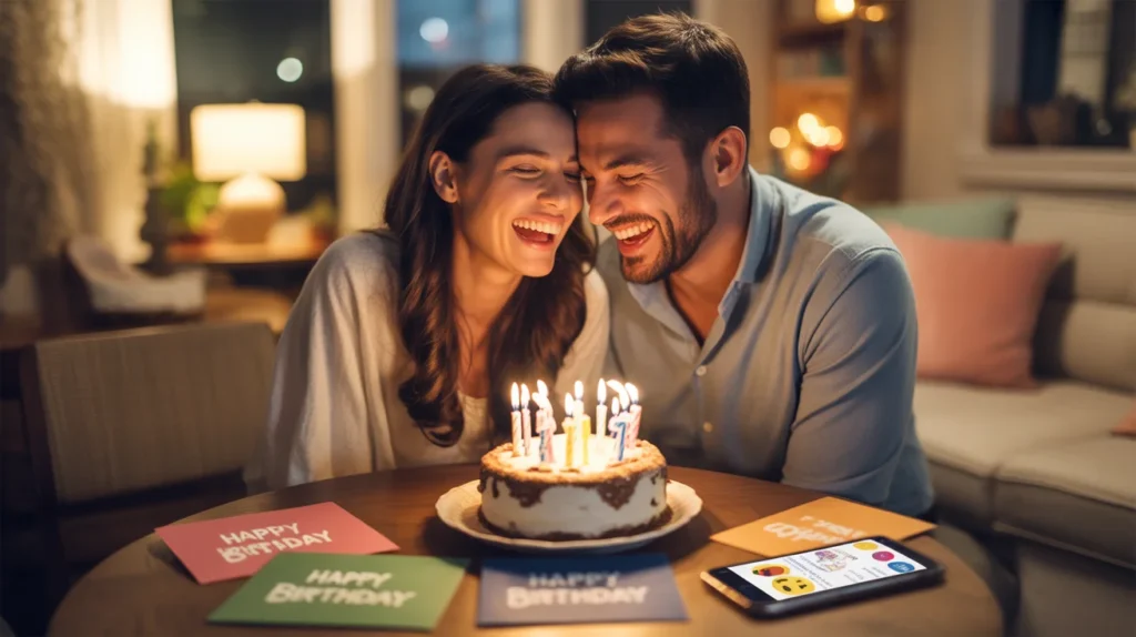 Funny Birthday Wishes for Husband in 2026 with couple laughing and birthday cards