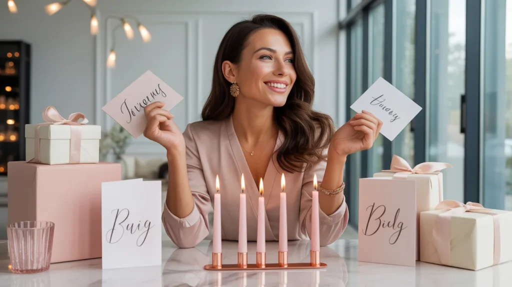 Strong Lady Birthday Wishes with a confident woman celebrating, cards and candles, empowering birthday message intent