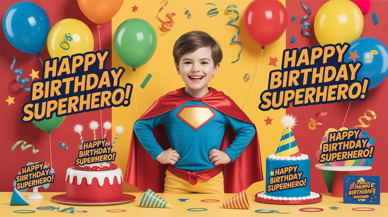 Personal Superhero Birthday Wishes in 2026 shown through a superhero-themed birthday celebration with branded message ideas.