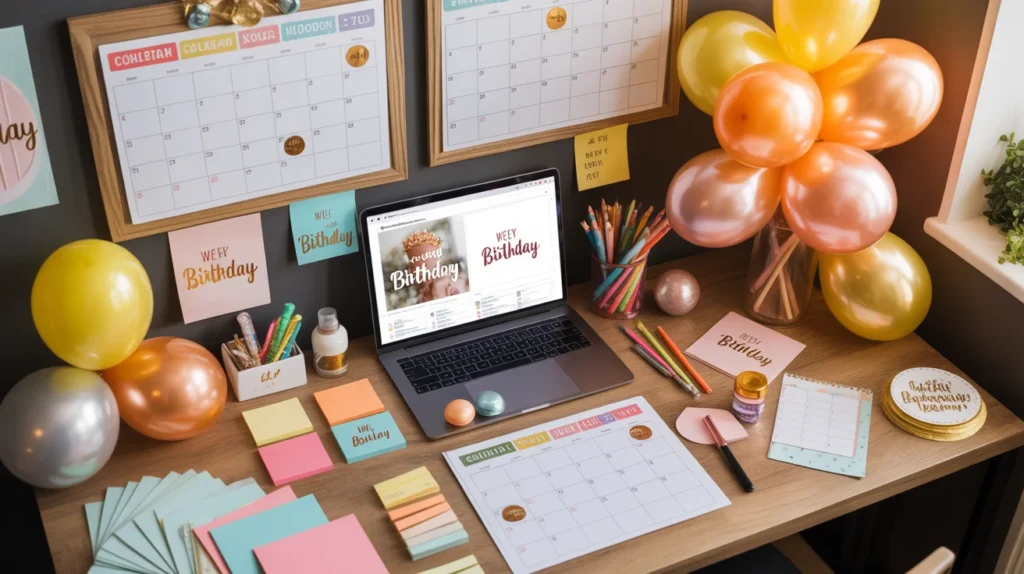 Happy Birthday Week Wishes shown through a week-long celebration planning scene with cards and social posts.