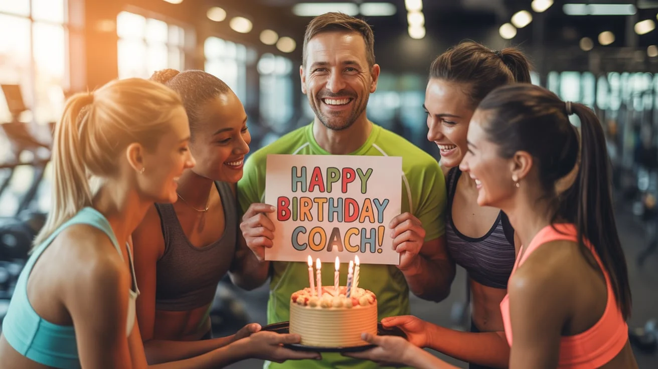 Birthday Wishes for Coach shown in a gym celebration with team appreciation intent