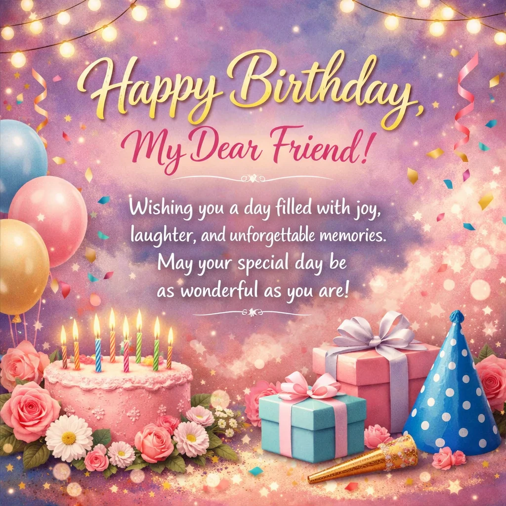 Beautiful Happy Birthday Wishes for Friend Card with Cake, Balloons & Gifts