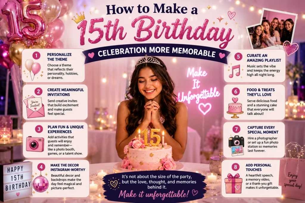 15th birthday wishes party infographic with pink decorations, cake, balloons, and celebration tips.