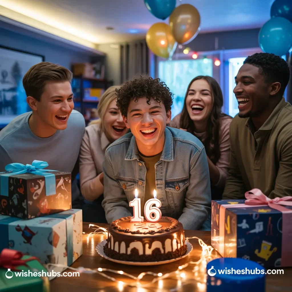 Happy 16th birthday celebration for a teenage boy with friends and gifts