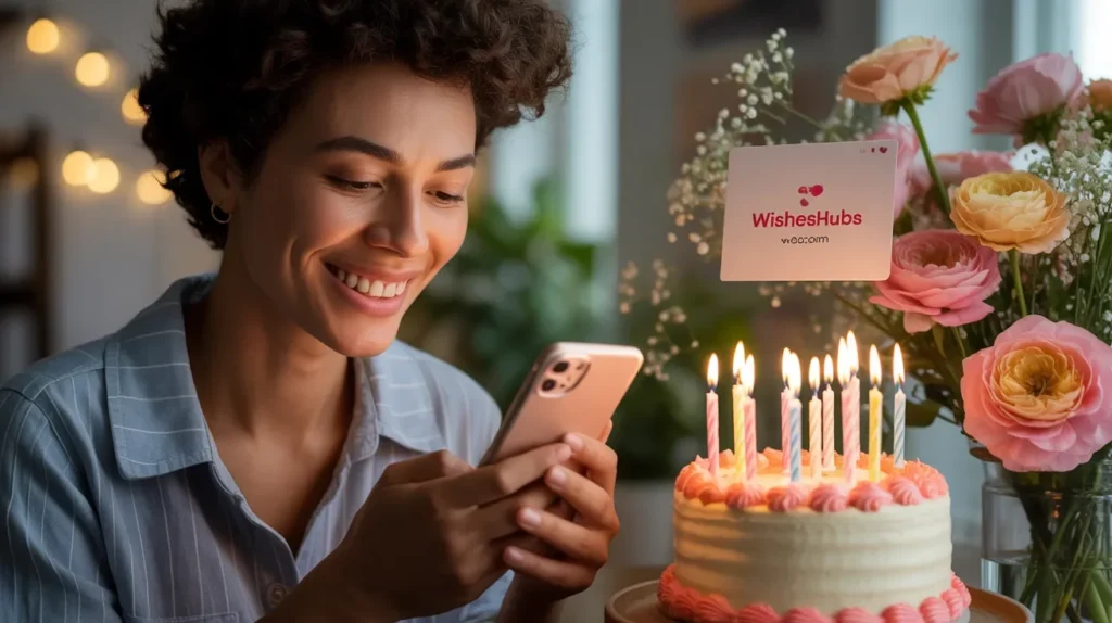Person reading birthday wishes and smiling while writing appreciation messages