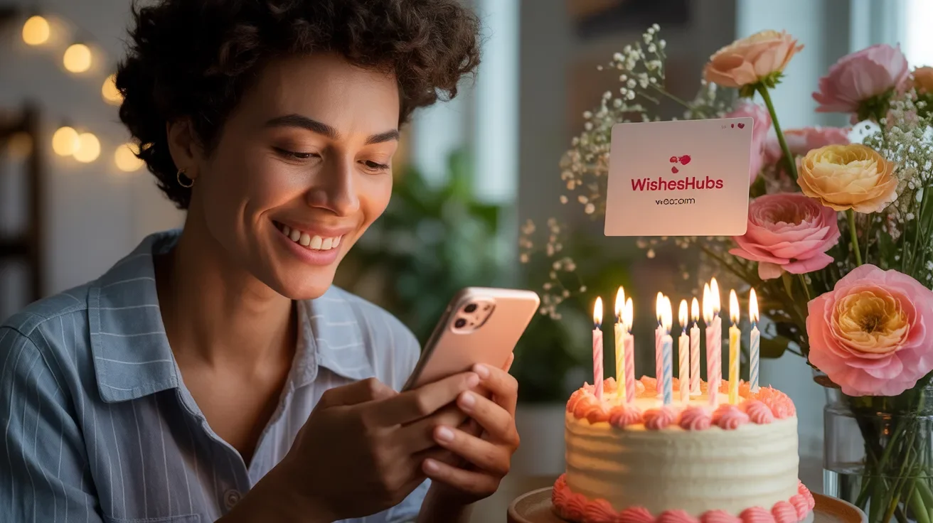 Person reading birthday wishes and smiling while writing appreciation messages