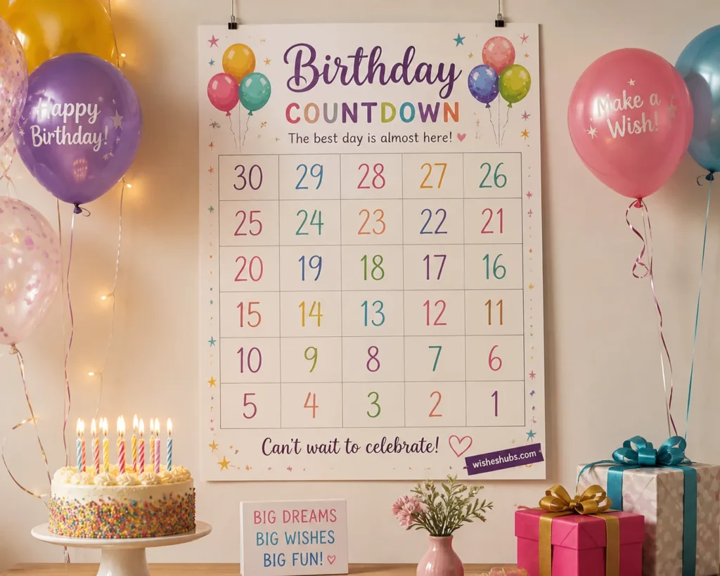 Birthday countdown calendar with balloons, gifts, and joyful celebration atmosphere