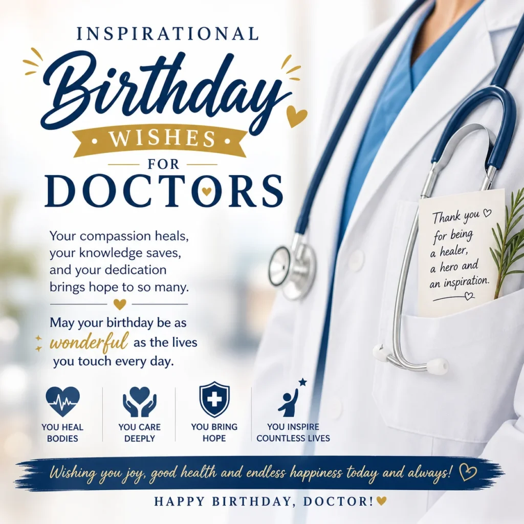 Birthday wishes card for doctors with medical theme and stethoscope.