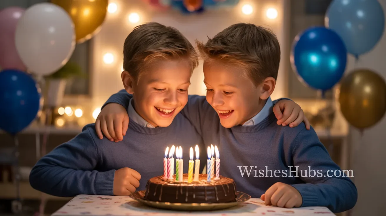 Twin brothers celebrating birthday together with heartfelt wishes and joyful family moments