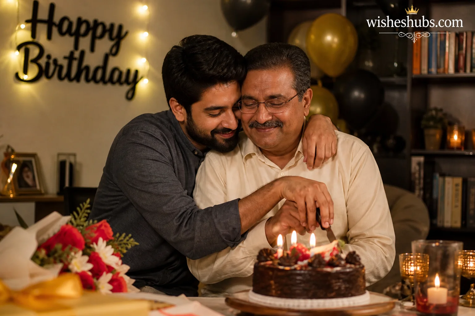 Emotional birthday celebration between brother and father figure sharing heartfelt moment with cake and warm lighting