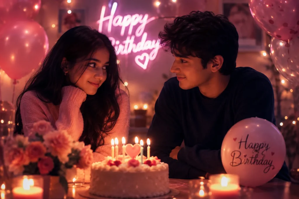 Romantic birthday celebration scene with emotional birthday wishes for crush male in a warm, glowing setup.