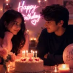 Romantic birthday celebration scene with emotional birthday wishes for crush male in a warm, glowing setup.