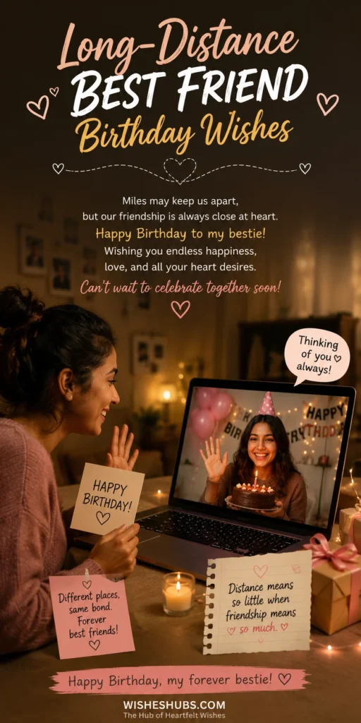 A warm and emotional birthday-themed design showing two best friends celebrating over a video call from different locations, with cozy lights, birthday decorations, cake, and heartfelt long-distance friendship wishes.