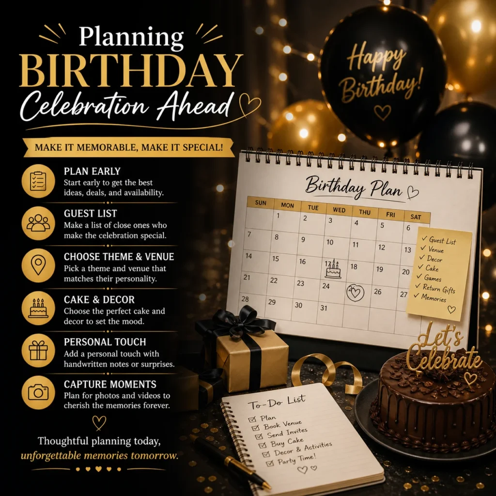 Planning birthday celebration ahead with checklist, calendar, cake, and party decorations