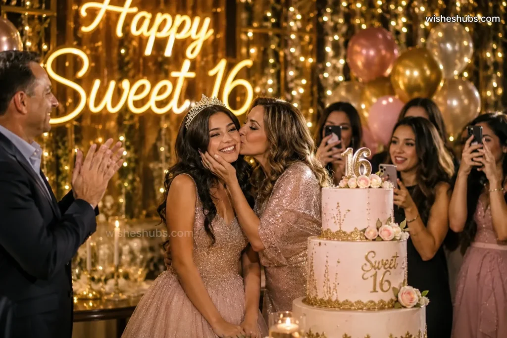 Teen girl celebrating Sweet 16 birthday wishes with friends and family at elegant party