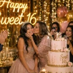 Teen girl celebrating Sweet 16 birthday wishes with friends and family at elegant party